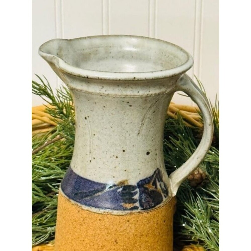 Blue and Grey Studio Art Pottery Speckled Glaze Pitcher Jug Handle 9”